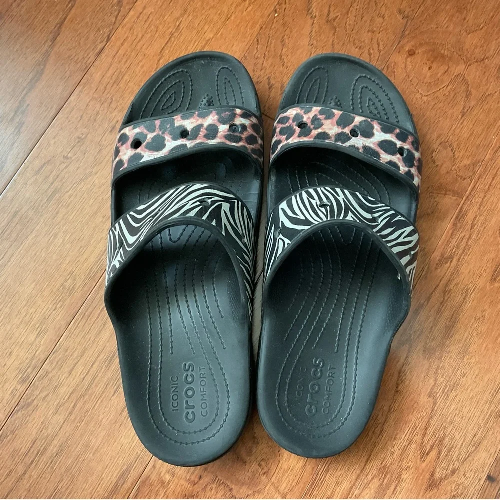Crocs Leopard, Zebra Print 2 Strap Slide Sandals Size 13 Men's Water Pool Beach